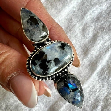 925 YIN YANG! Rainbow Flash Moonstone w/ Lots of Black Tourmaline Ring 10.75 11