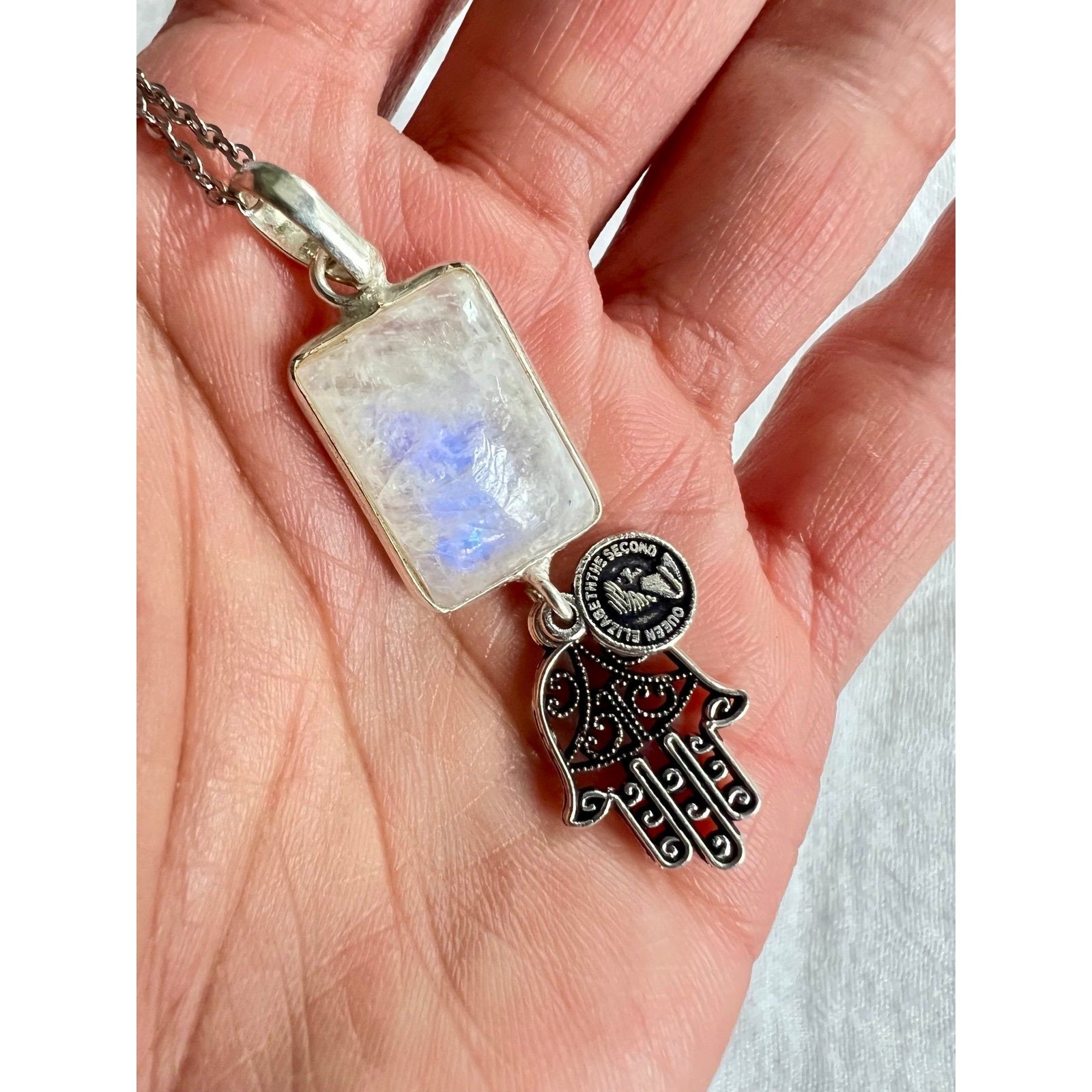 925 Hamsa Rainbow Flash Moonstone Pendant Necklace