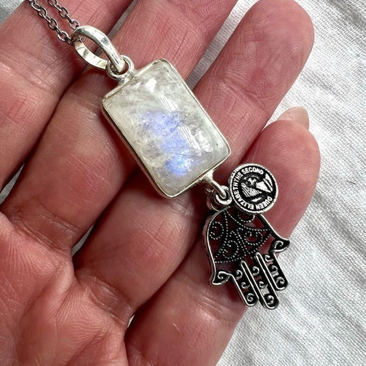 925 Hamsa Rainbow Flash Moonstone Pendant Necklace