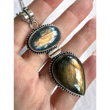 925 SUNSET FLASH Labradorite Double Stone Pendant Necklace