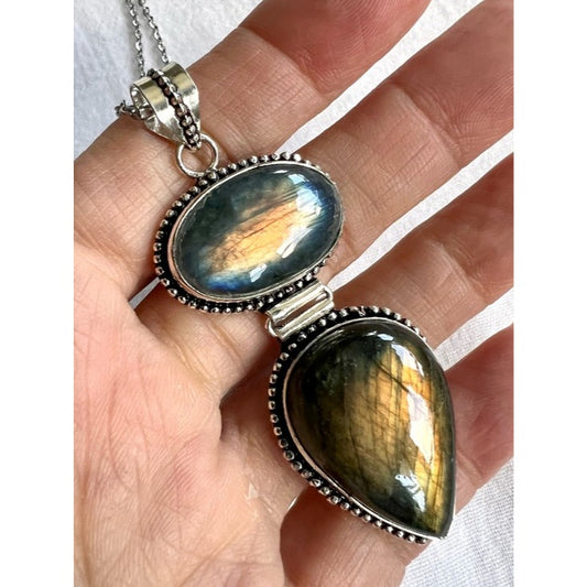 925 SUNSET FLASH Labradorite Double Stone Pendant Necklace