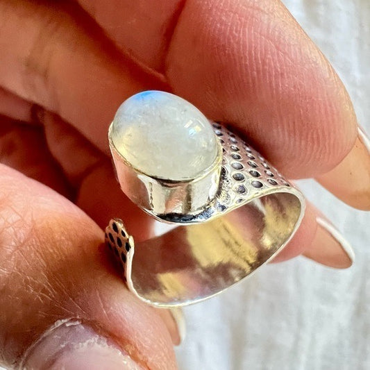 925 Adjustable Embossed Rainbow Flash Moonstone Ring 6, 7, 8