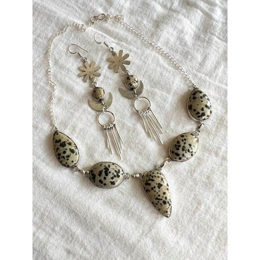 925 Yin Yang Dalmatian Jasper Moon Earrings
