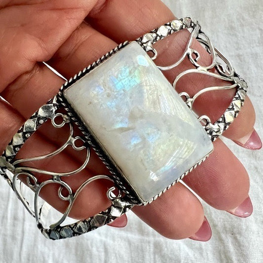 925 Beautiful Rainbow FLASH Moonstone Cuff Bracelet