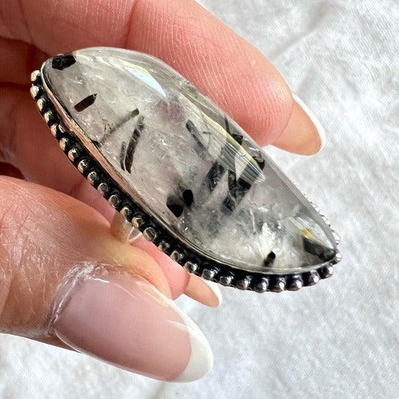 925 Yin Yang Tourmalated Quartz Ring 7.25