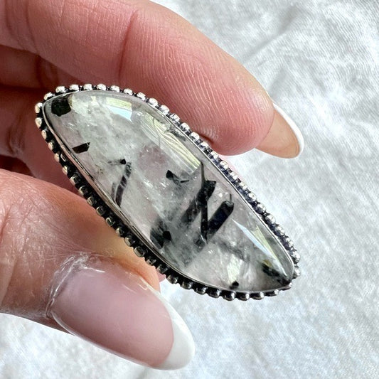 925 Yin Yang Tourmalated Quartz Ring 7.25