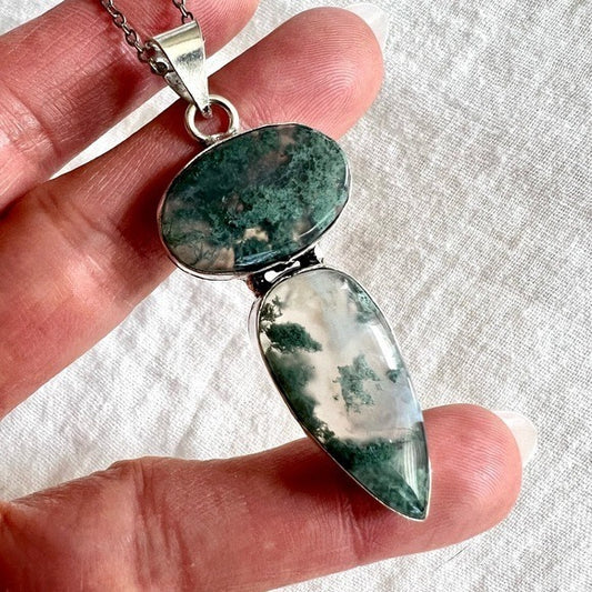 925 Earth Stone Double Moss Agate Pendant Necklace