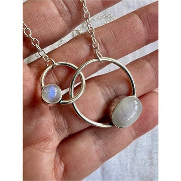 925 Double Orbit Rainbow Flash Moonstone Necklace Pendant