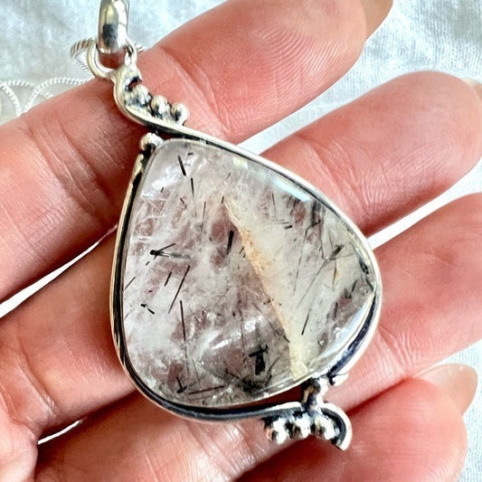 925 Yin Yang Tourmalated Quartz Pendant Necklace