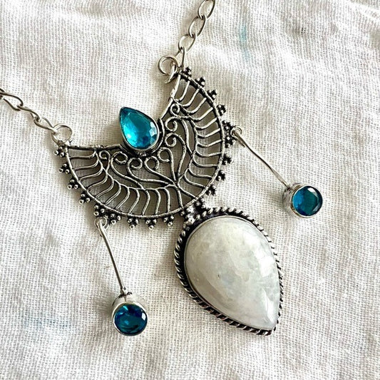 925 Ornamental Rainbow Moonstone + Swiss Topaz Necklace Pendant