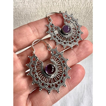 925 Amethyst Mandala Hoop Earrings