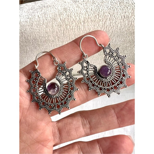 925 Amethyst Mandala Hoop Earrings