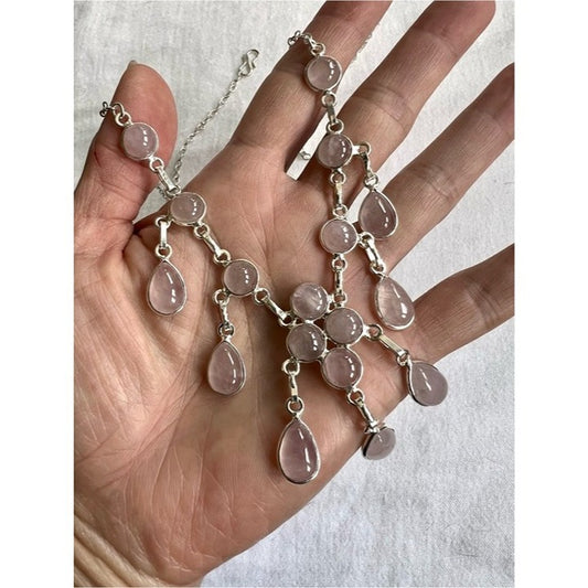 925 Rose Quartz Chandelier Elegant Multi Stone Necklace