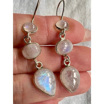 925 ANGELIC Rainbow Flash Moonstone Dangly Earrings