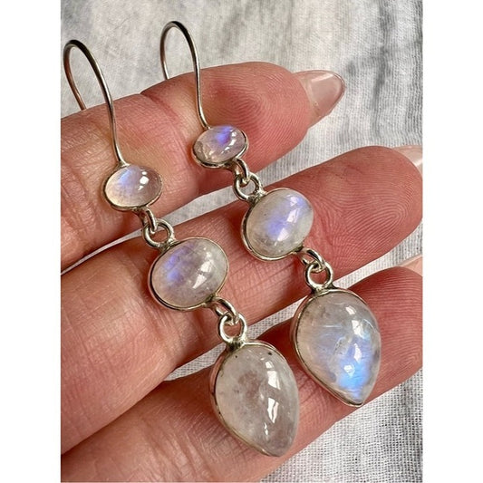 925 ANGELIC Rainbow Flash Moonstone Dangly Earrings