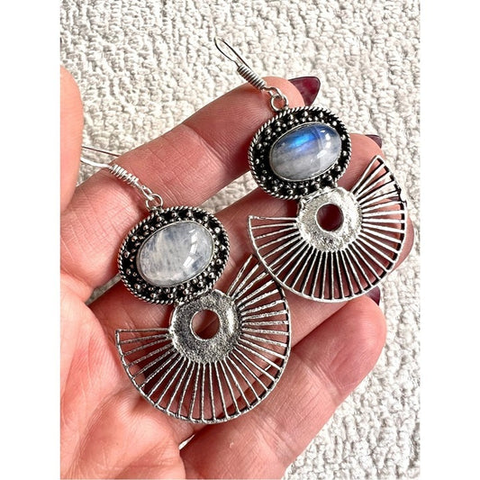 925 Intuition Rainbow Flash Moonstone Fan Earrings