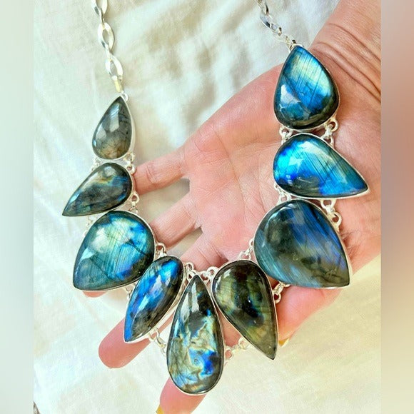 925 GODDESS Blue Flash Labradorite Collar Bib Necklace