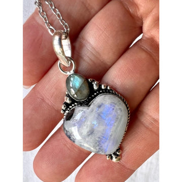 925 Mystical Blue Flash Moonstone + Labradorite ❤️ Heart Pendant Necklace