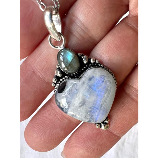 925 Mystical Blue Flash Moonstone + Labradorite ❤️ Heart Pendant Necklace