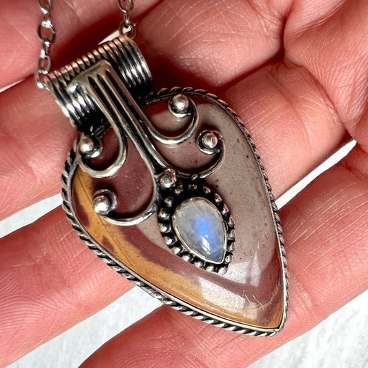 925 WOW! Rainbow Flash Moonstone + Mookaite Pendant Necklace