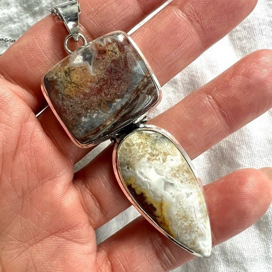 925 Double Crazy Lace Agate Pendant Necklace