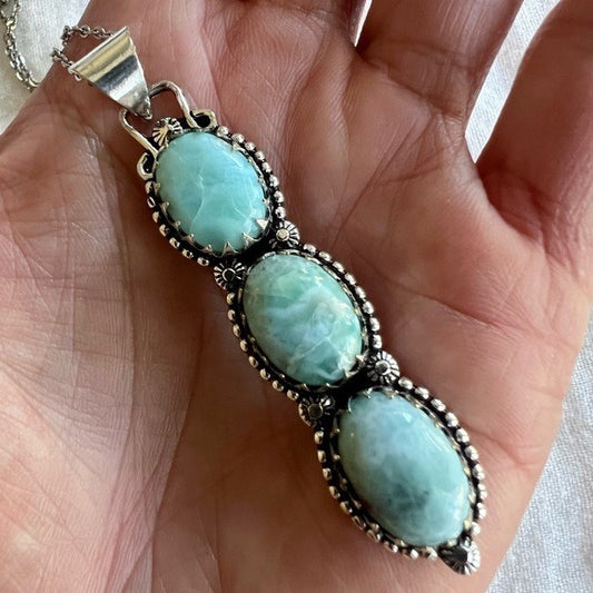 925 WOW! Triple Ornamental Larimar Pendant Necklace