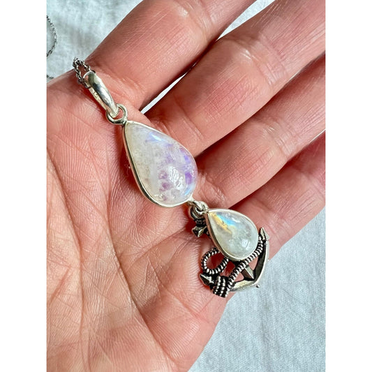925 Anchor Rainbow Flash Double Moonstone Necklace Pendant