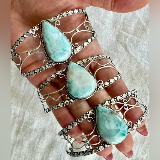 925 Calming Caribbean LARIMAR Teardrop Cuff Bracelet
