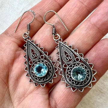 925 Swiss Blue Topaz Ornate Chandelier Earrings