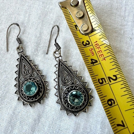 925 Swiss Blue Topaz Ornate Chandelier Earrings