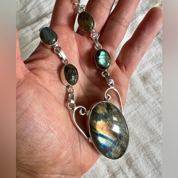 925 WOW! Rainbow Lightning Flash Labradorite 5 Stone Necklace