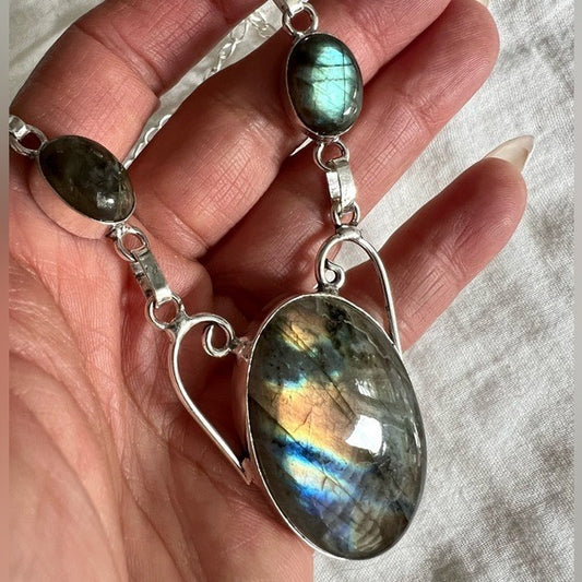 925 WOW! Rainbow Lightning Flash Labradorite 5 Stone Necklace