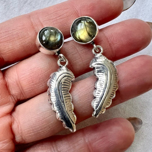 925 Golden Flash Labradorite Feather Stud Earrings