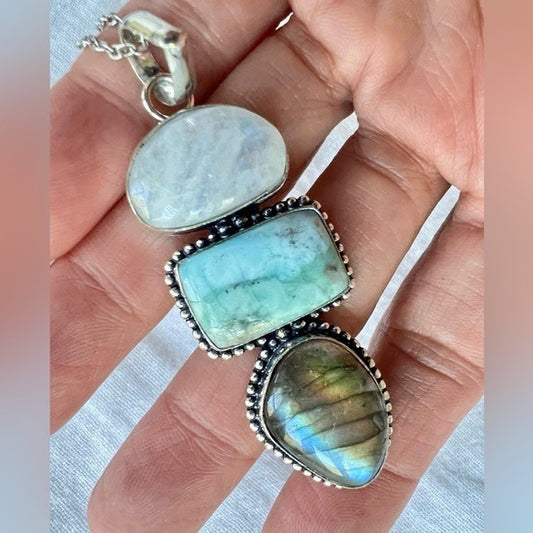 925 Trifecta Rainbow Flash Moonstone + Larimar + Labradorite Pendant Necklace