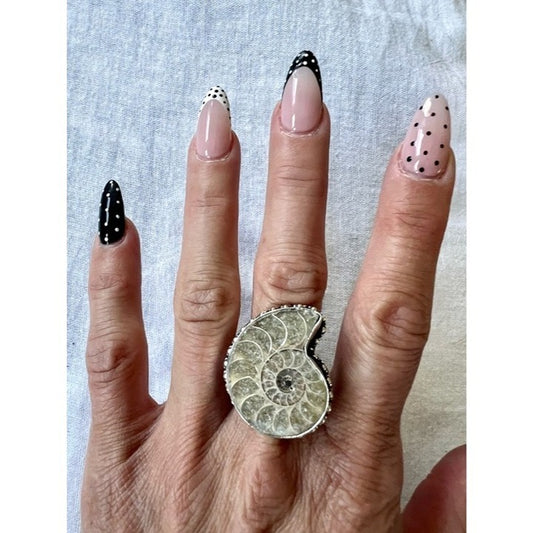 925 AMMONITE Fossil Past Lives Ring 9.5