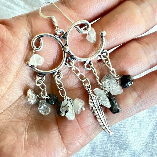 925 Fancy Feather Tourmalated Quartz Chandelier Earrings