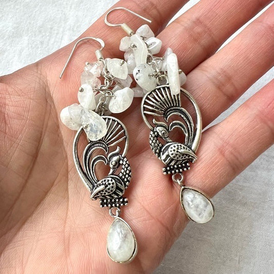 925 OOAK Rainbow Moonstone Peacock Earrings