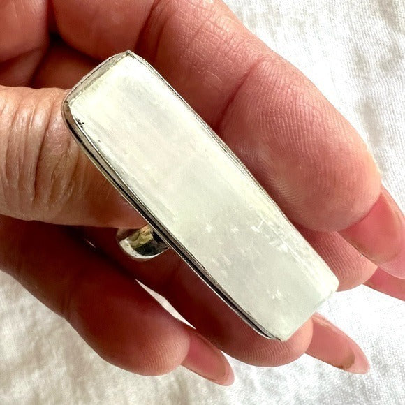 925 Raw Selenite Long Geometric Ring 9