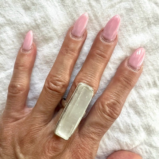 925 Raw Selenite Long Geometric Ring 9