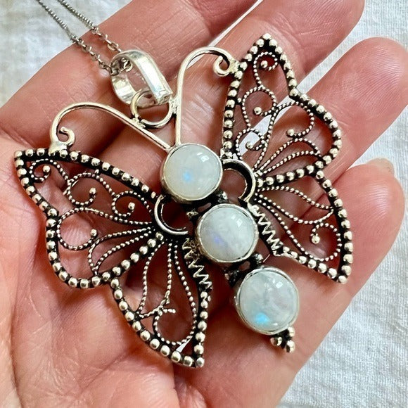 925 Whimsical BUTTERFLY Rainbow Flash Moonstone Pendant Necklace