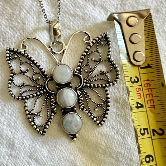 925 Whimsical BUTTERFLY Rainbow Flash Moonstone Pendant Necklace