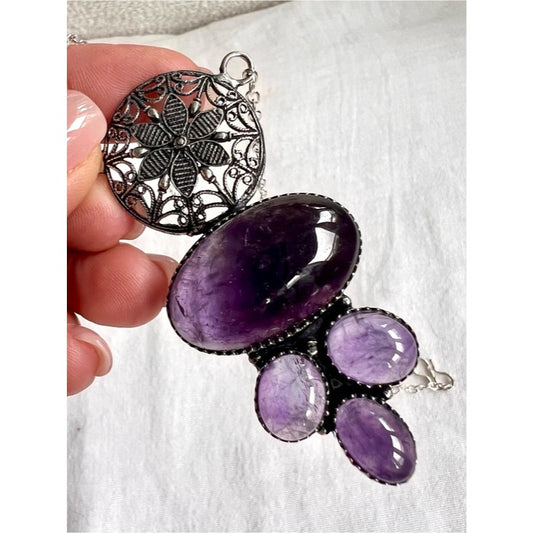 925 Amethyst Ornate Multi Stone Mandala Pendant Necklace