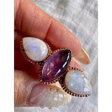 OOAK! Copper Rainbow Flash Moonstone + Amethyst Trinity Ring 6