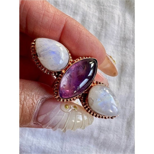 OOAK! Copper Rainbow Flash Moonstone + Amethyst Trinity Ring 6