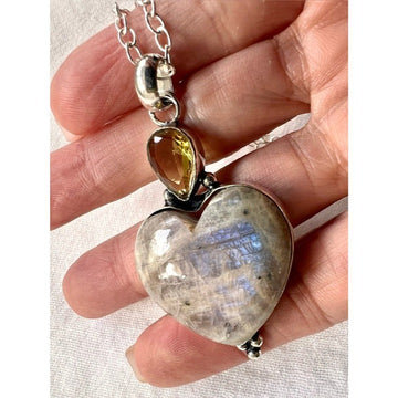 925 Gaia Moon Chocolate Blue Flash Moonstone Heart Pendant Necklace