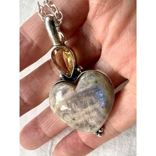 925 Gaia Moon Chocolate Blue Flash Moonstone Heart Pendant Necklace