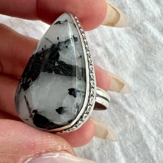 925 Yin Yang Heavily Tourmalated Quartz Ring 8