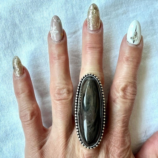 925 Mahagony Obsidian Long Domed Ring 8