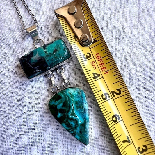 925 Beautiful Chrysocolla Malachite Double Pendant Necklace