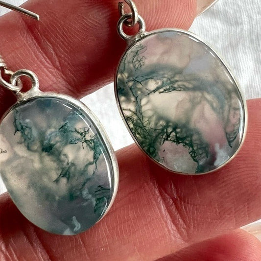 925 Dainty Petite MOSS AGATE Drop Earrings